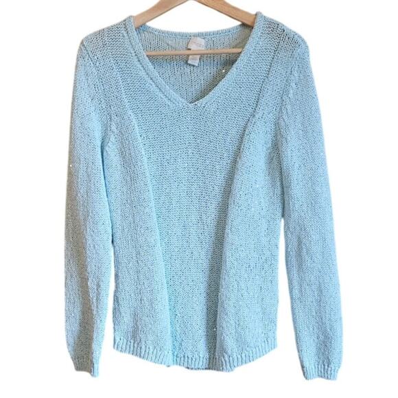 Chico's Sequin Shine Samantha Sweater Knit VNeck Light Blue Women's 1 (Medium) - Picture 1 of 9